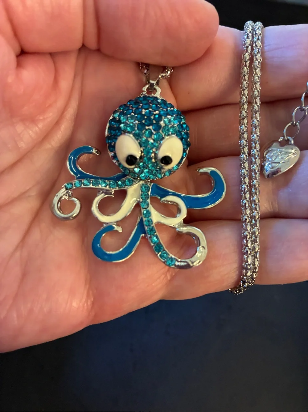 Blue Crystal Octopus Pendant Necklace-movable piece. Head turns left and right.